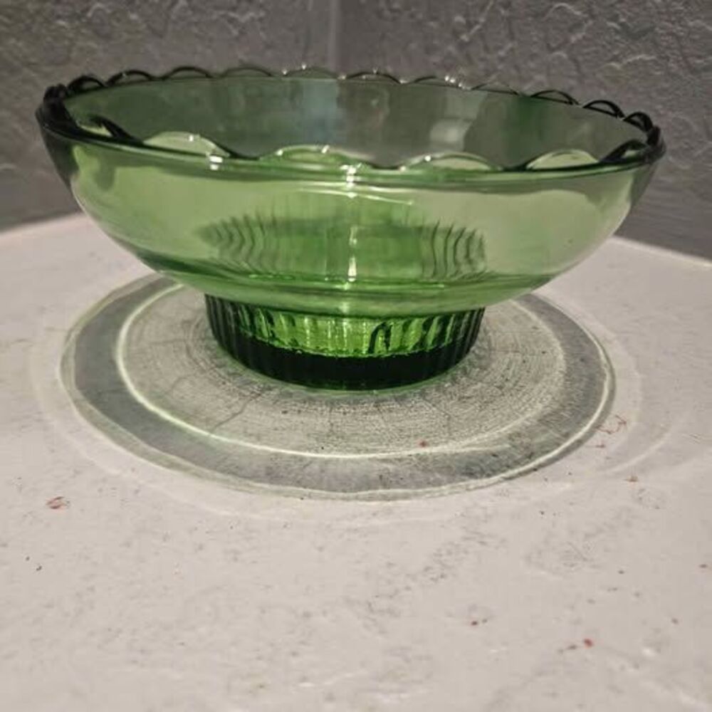 Vintage 1950s EO Brody Green Glass Scalloped Console Bowl